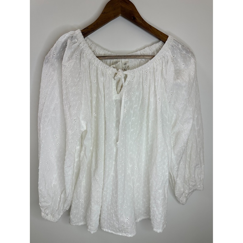 New Joie White Eyelet Cotton Blouse Size Large Top Boho Peasant Cottagecore - Picture 3 of 11
